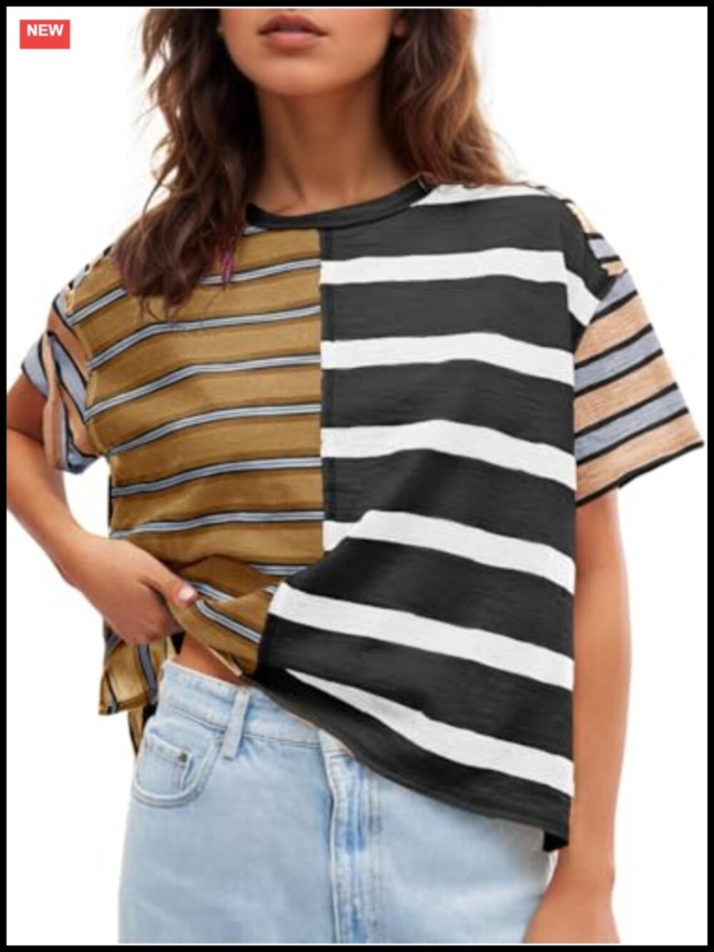 Womens Striped Color Block Short Sleeve Loose Fit Crew Neck Tee
